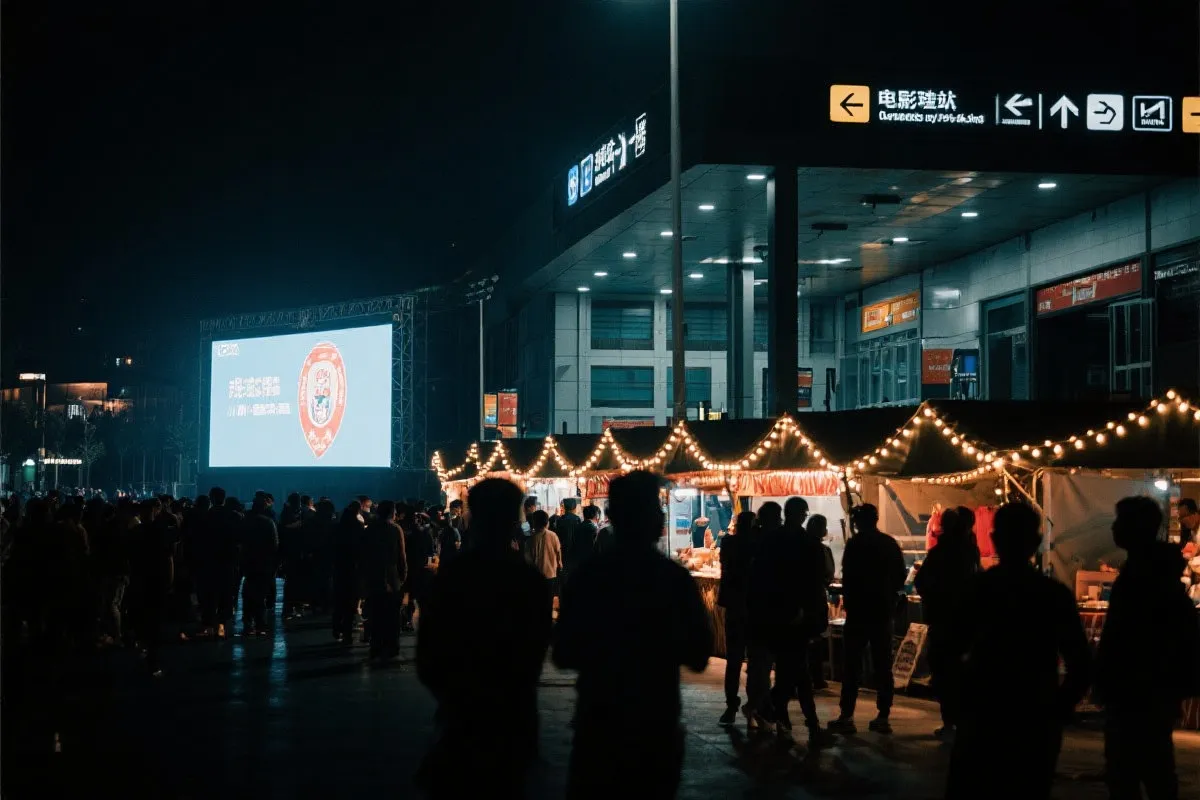 费城球迷广场夜景：大屏观赛人群、步行指示牌与公共交通入口